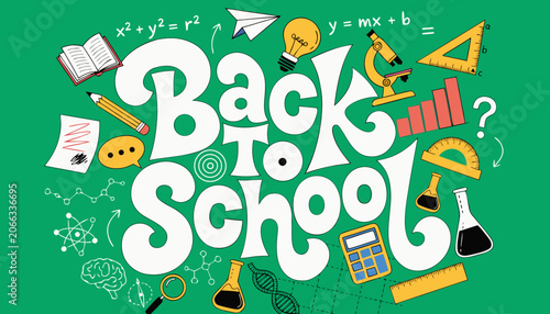 Creative Educational Typography Concept Featuring School Supplies Icons for Seasonal Academic Returns and Classroom Learning Programs