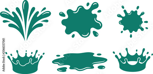 Teal Water Splash and Liquid Droplet Vector Set with Crown Ripples Paint Splats Fountain Spray and Fluid Puddle Graphics