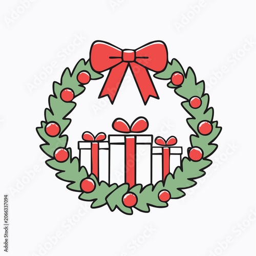 Christmas Wreath with Gifts and Red Bow