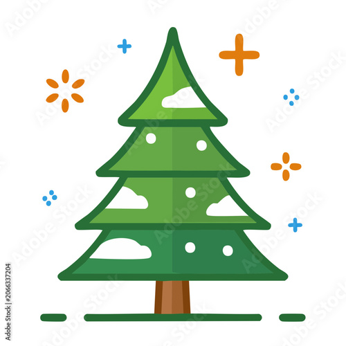 Flat design Christmas tree with snow and sparkles