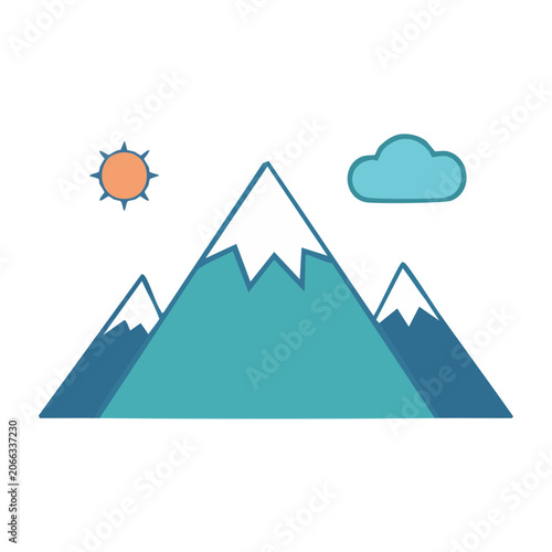 Flat design mountain range with sun and cloud icon