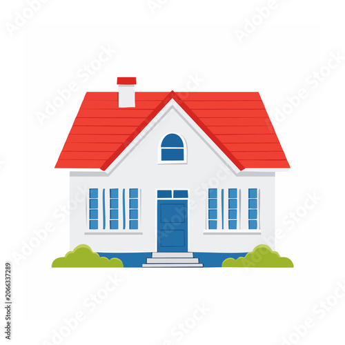 Flat design vector house with red roof and white walls