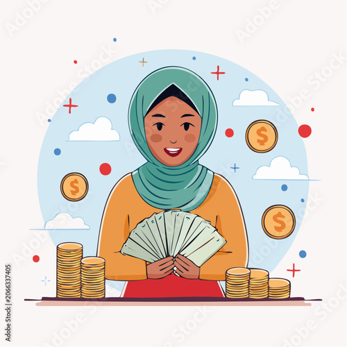 Muslim Woman Holding Money and Coins
