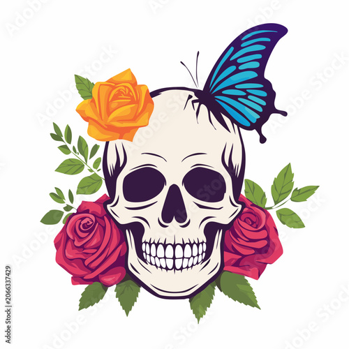 Skull with Roses and Butterfly