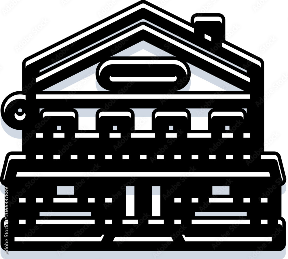 Naklejka premium Government building featuring classic architectural style with columns and a pediment, symbolizing finance, law, stability, and public services in a black and white outlined icon design
