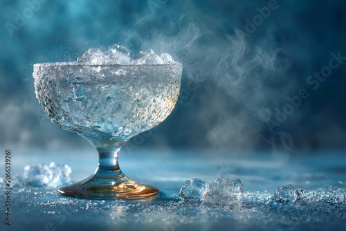 Crystal glass filled with ice and frost, with wisps of steam rising