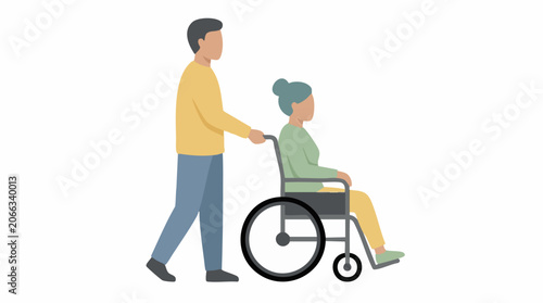 Man pushing elderly woman in wheelchair, illustrating care and support