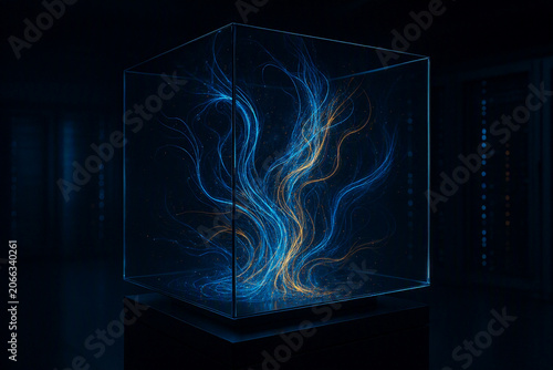 Abstract Glowing Quantum Fiber Optic Waves Sealed Inside Glass Cube Display.