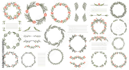 Delicate floral wreath and divider collection with pink roses and green leaves for wedding invitations and stationery design.