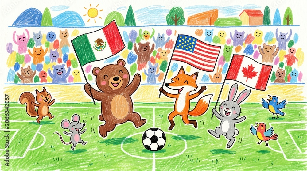 Fototapeta premium Happy animals play soccer, waving Mexico, USA, and Canada flags in a stadium