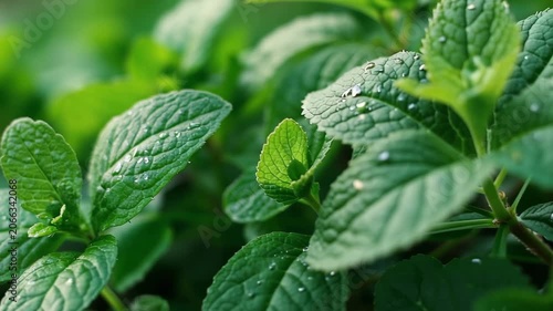 Close up view of fresh green mint leaves covered with small water droplets