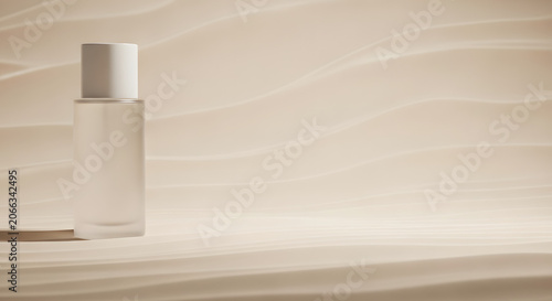 Minimalist Frosted Cosmetic Bottle on Wavy Beige Background with Copy Space