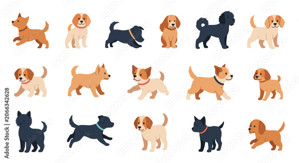 Fototapeta premium Variety of cute dog breeds and puppies shown in various poses like walking, sitting, and running in a flat illustration style.