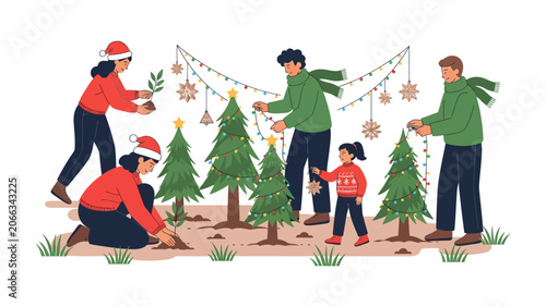 Принти на полотні Christmas Tree Planting Family: A heartwarming scene of a family joyfully planting and decorating Christmas trees, embracing the festive spirit and the beauty of nature together
