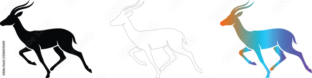 Fototapeta premium Running Gazelle Antelope Mascot Logo Set in Silhouette and Gradient Styles
