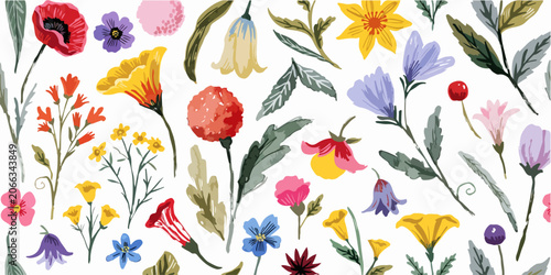 Schilderij op canvas Enchanted Wildflower Symphony Painted in Soft Watercolors Across a Dreamy Botani