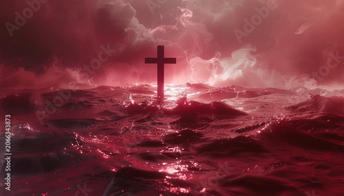 Illuminated Cross on Dramatic Red Sky Background.