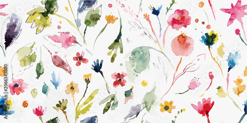 Photos Botanical watercolor composition showcasing wildflowers, stems, and foliage in h