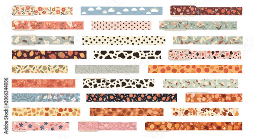 Assorted decorative washi tape strips with various floral, animal print, and geometric patterns for scrapbooking.