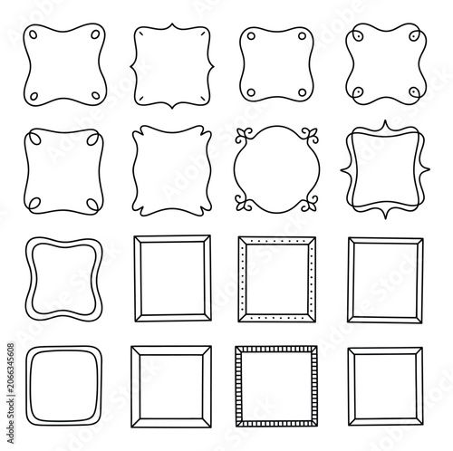 A collection of various hand-drawn decorative frames and borders in a simple black and white line style