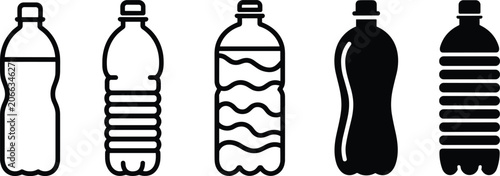 Fotografia Five Plastic Water Bottle Icons In Outline And Solid Black Styles Keywords: wate