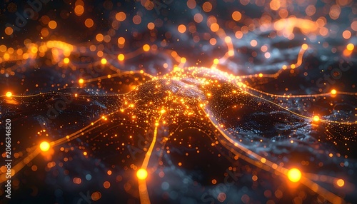 A dark background with glowing orange lines and dots
