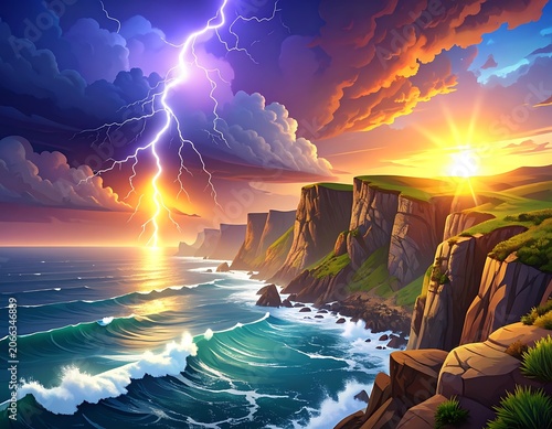 A dramatic seascape with a lightning storm and sunset