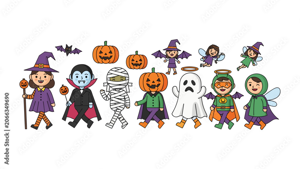 Fototapeta premium Halloween Kids Party: A collection of cute cartoon characters dressed in various Halloween costumes, including witches, vampires, mummies, pumpkins, fairies, and ghosts.