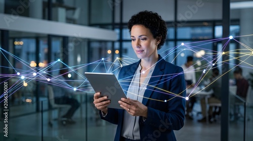 Professional woman in a modern office holding a digital tablet, with an abstract network of glowing lines and dots visually connecting around her, depicting data and technology.