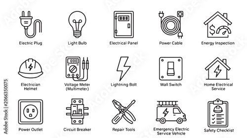 Tableau sur toile Electricity icons, electrical symbols, power signs, 16 line icons, vector graphi
