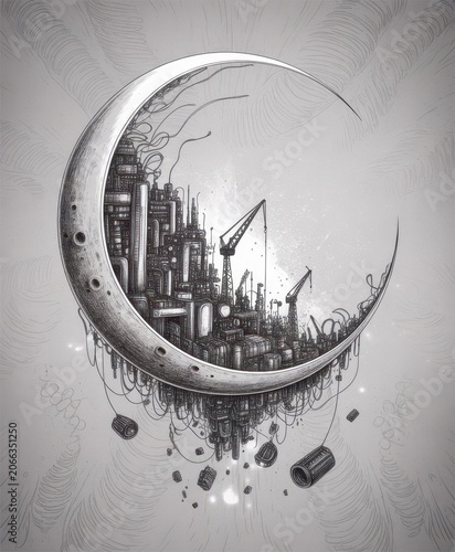 Surreal of an industrial city built inside a glowing crescent moon factory
