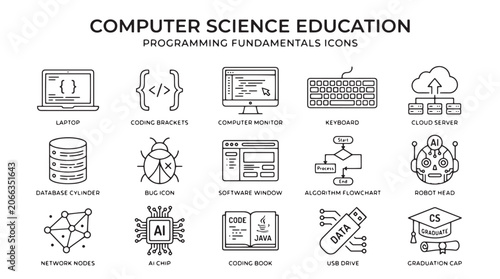 фотографія Computer science education icons, programming fundamentals symbols, coding and d