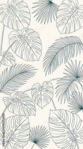 Elegant Outline Tropical Leaves Pattern on Cream Background.