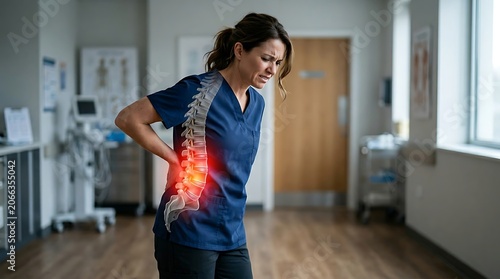 Nurse experiencing spinal pain in hospital corridor