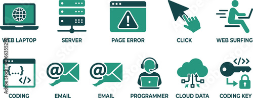 Photography Digital technology and software icons set featuring laptop server website error internet surfing and coding