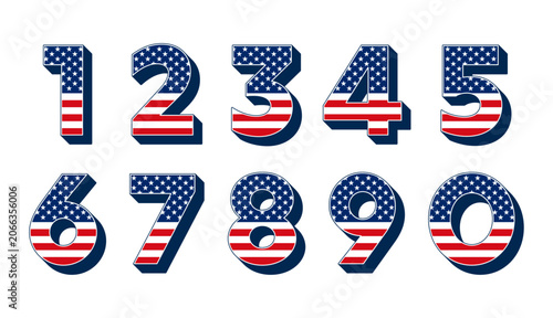 Numbers filled with American national flag pattern, and with block shadow. Ten numbers filled with stars and stripes pattern in red, white, and blue, elements of United States of America flag. Vector