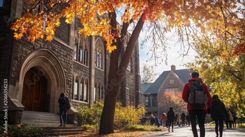 Students walking on a historic university campus during a bright autumn day