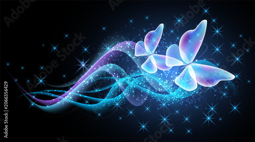 Fantastic butterflies and magical curving transparent waves with glowing stars on black background