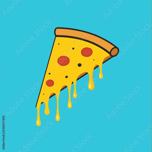 A simple pizza slice featuring gooey dripping cheese and classic pepperoni in a clean flat design, ideal for modern menus, stickers, apps, and playful branding.