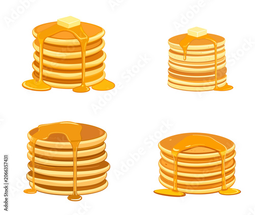 Golden stacks of fluffy pancakes drenched in rich maple syrup and topped with melting butter, illustrated in a warm, appetizing style perfect for breakfast and dessert themes.