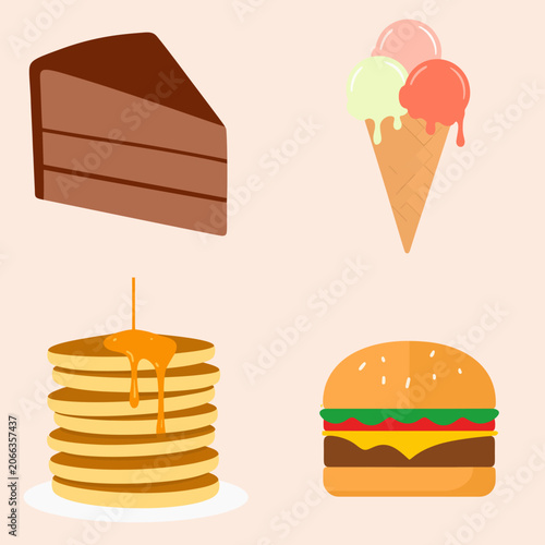 A colorful collection featuring chocolate cake, ice cream, pancakes with syrup, and a classic cheeseburger in a flat style, perfect for menus, cafes, and lifestyle designs.