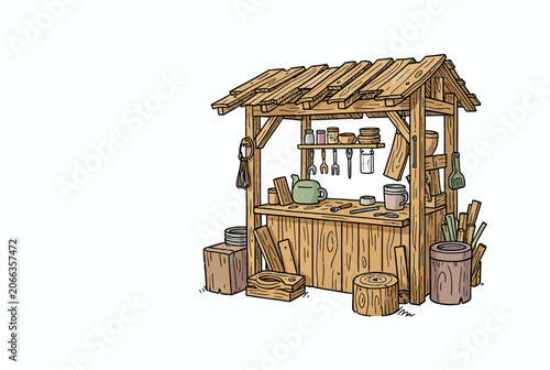 Rustic Wooden Market Stall Illustration.