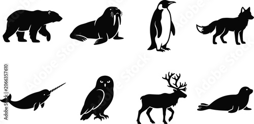 Photos Arctic and Antarctic polar animals black silhouette vector set isolated on white
