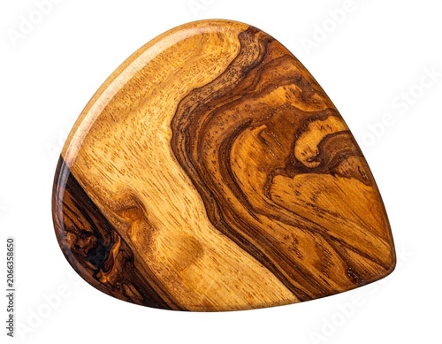 Polished wooden guitar pick with natural grain patterns on white background