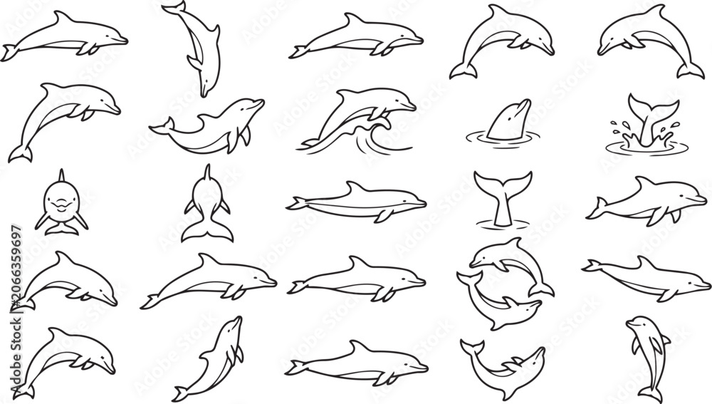 Fototapeta premium Dolphin Line Art Pose Set Ocean Marine Mammal Outline Vector Collection