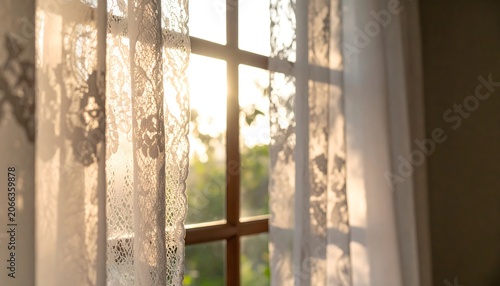 Morning sunlight shining through elegant white lace curtain on a wooden window, warm sun flare and shadows on cozy room interior.
