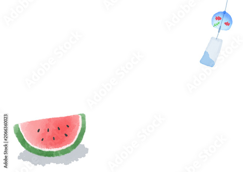 夏の風物詩　風鈴とすいかの水彩風フレーム背景イラスト
