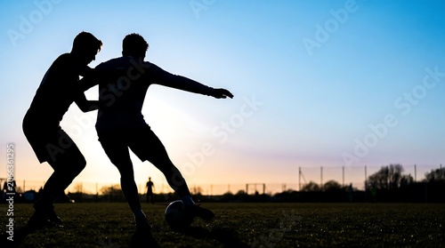 Two male soccer players in silhouette on a field during sunset, one dribbling the ball while the other defends.