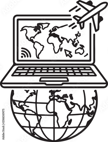Digital Nomad Laptop Airplane Globe Outline Icon