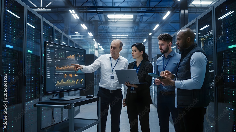 Fototapeta premium Diverse team of IT professionals collaborating and analyzing complex data visualizations on a large monitor in a modern data center server room environment.